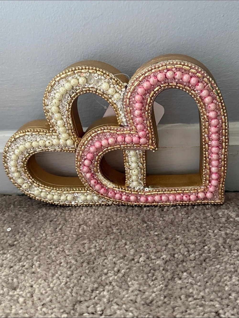 Fly by Night Beaded Double Heart Décor - Pink & Cream